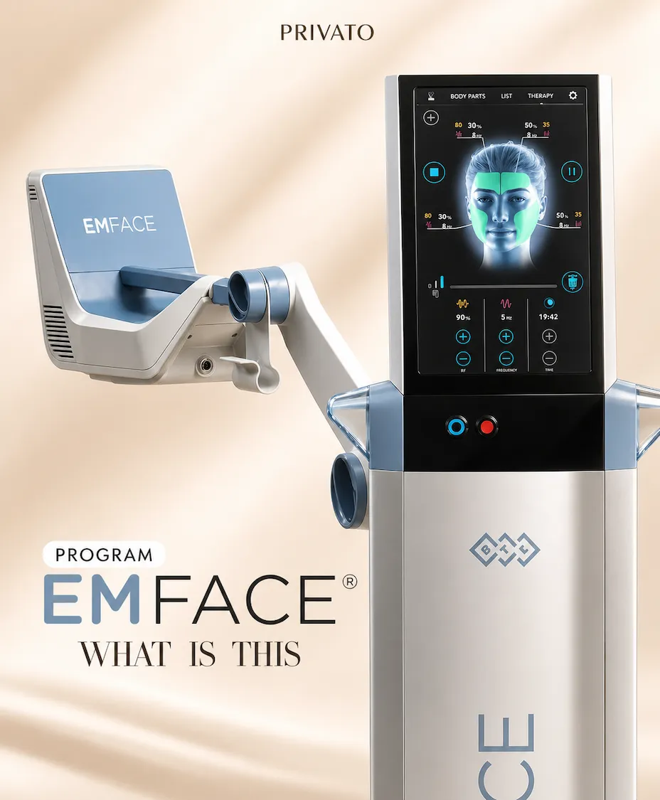 เครื่อง EMFACE ที่ Privato Clinic แสดงหน้าจอควบคุมการรักษาแบบไม่ผ่าตัดด้วย Synchronized RF และ HIFES