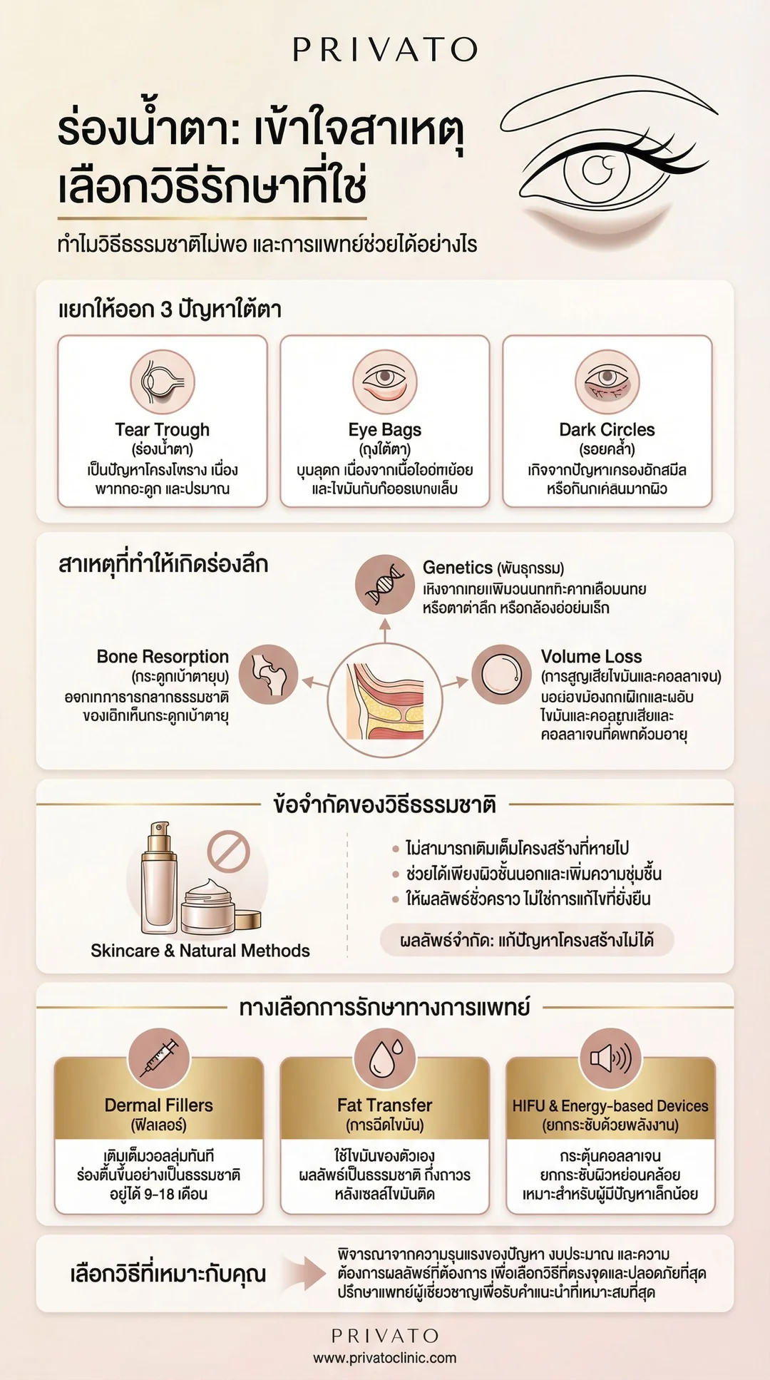 ปัญหาร่องน้ำตาคืออะไร? เจาะลึกสาเหตุและวิธีแก้ร่องลึกใต้ตาฉบับเห็นผล Infographic