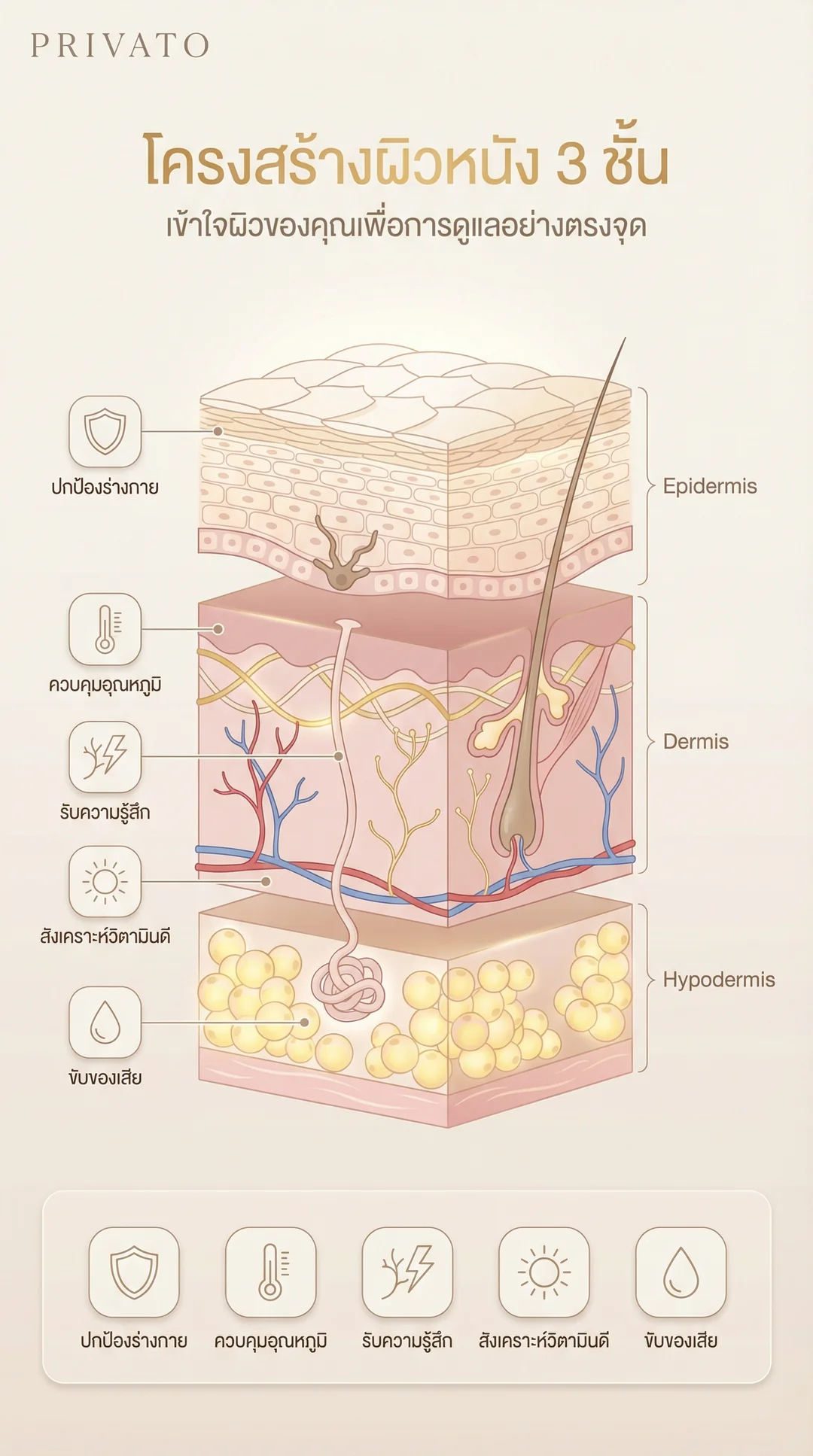 โครงสร้างผิวหนัง 3 ชั้นและหน้าที่สำคัญเพื่อการดูแลผิว Infographic