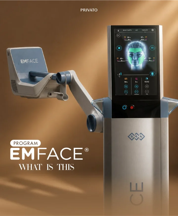 EMFACE device at Privato Clinic showing synchronized radiofrequency and HIFES treatment controls
