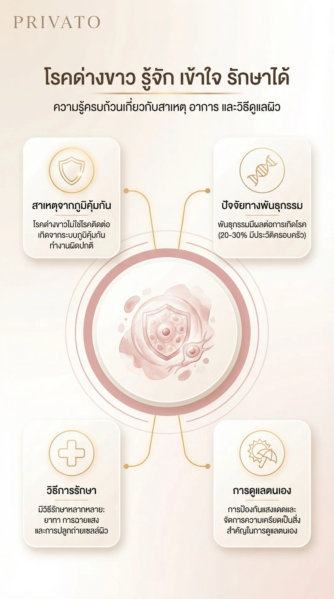 โรคด่างขาว (Vitiligo) คืออะไร? เจาะลึกสาเหตุ อาการ และวิธีรักษาสีผิวให้สม่ำเสมอ Infographic