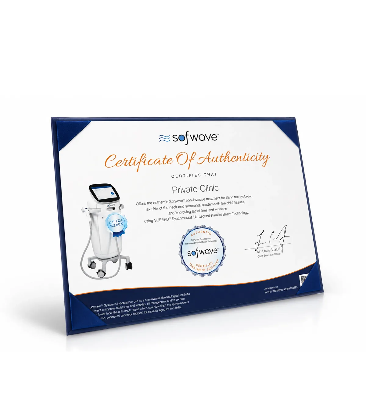 ใบรับรองเครื่อง Sofwave ของแท้สำหรับ Privato Clinic